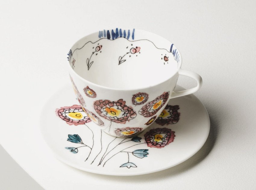 Чашка для капучіно з блюдцем Anemone milk midnight flowers, 2 шт