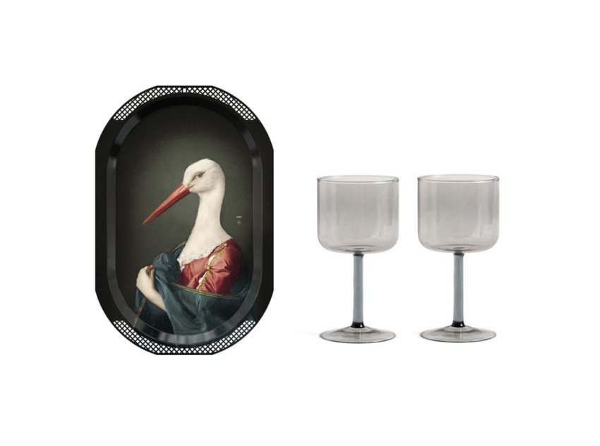 Подарунковий набір, Декоративний піднос La Cigogne&Набір склянок для вина Tint сірі